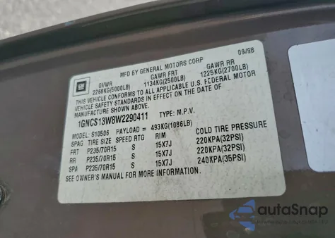 1998 Chevrolet Blazer z USA, uszkodzony, nr VIN 1GNCS13W8W2290411